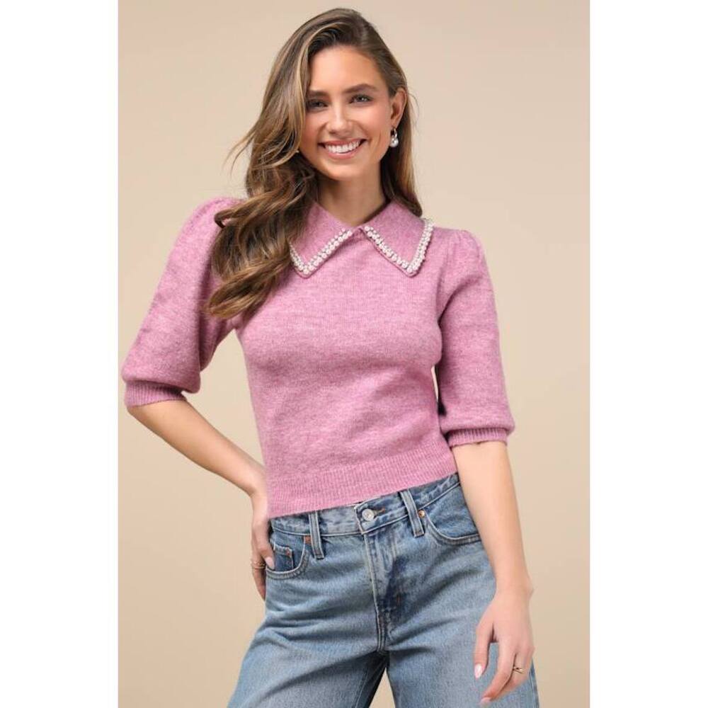 Lulus Classy Sophistication Heather Magenta Pearl Collar Sweater Top Purple